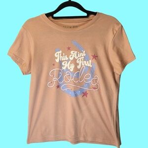 Wound Up Brown Western Cowgirl Not My First Rodeo Fitted Tee Size M